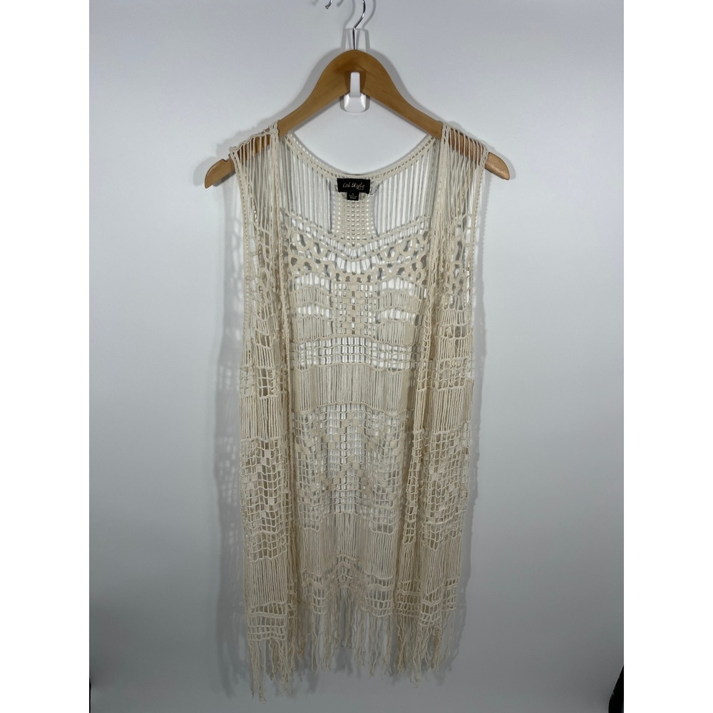 Women Sleeveless Crochet Cardigan L White Fringe Boho Shabby Chic Western Rodeo